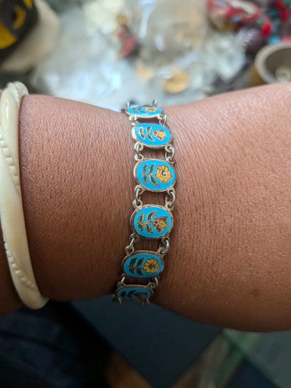 Vintage Thailand Sterling Silver Turquoise Blue Floral Enamel Link Bracelet 6.5"